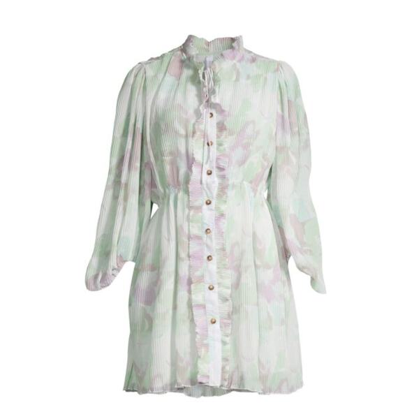 Avantlook Lantern Sleeve Pleated Ruffle Mini Dress Pastel Watercolor NEW Medium - Picture 3 of 11